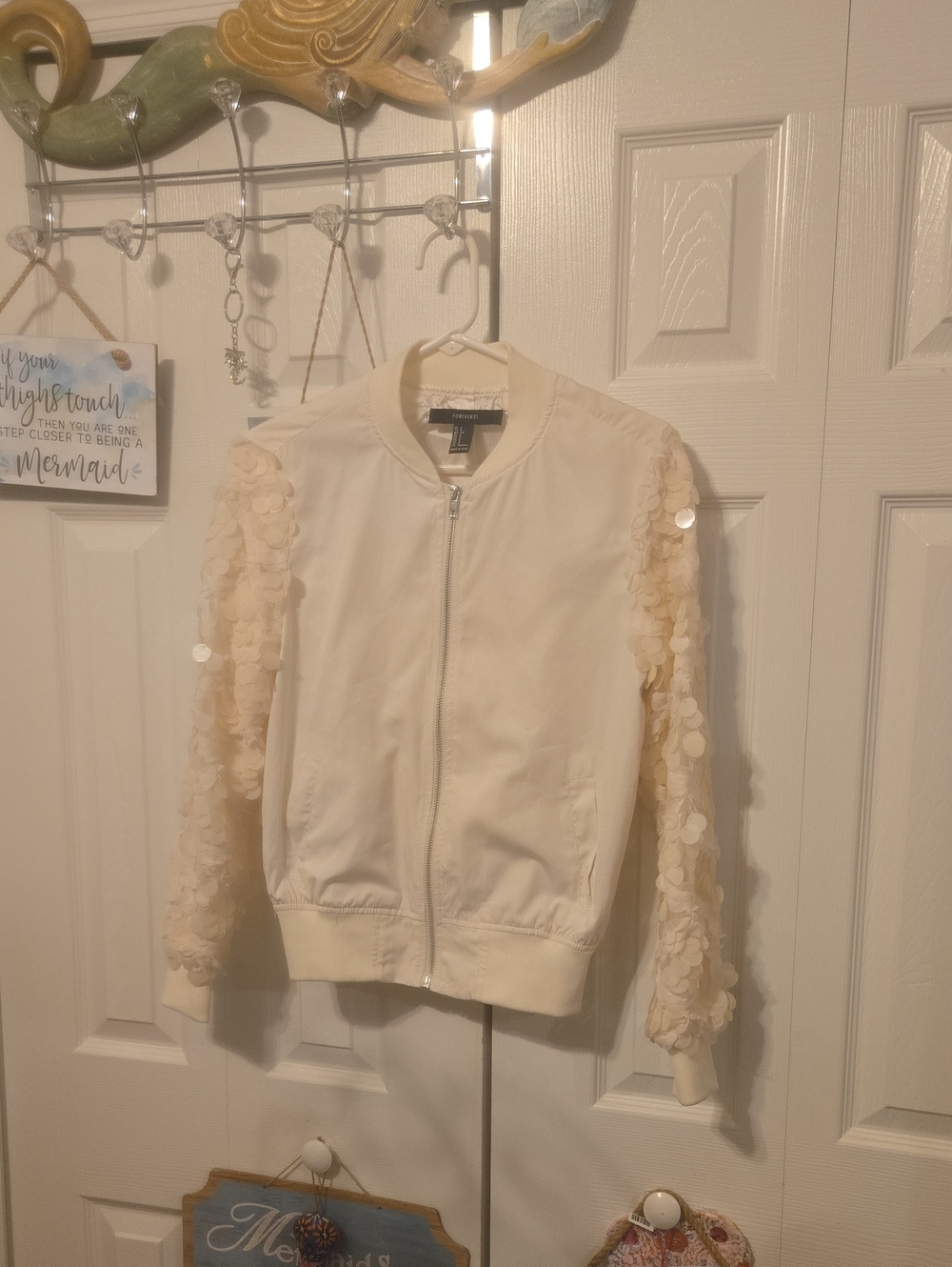 Forever 21 Cream Sequin-Embellished Bomber Jacket